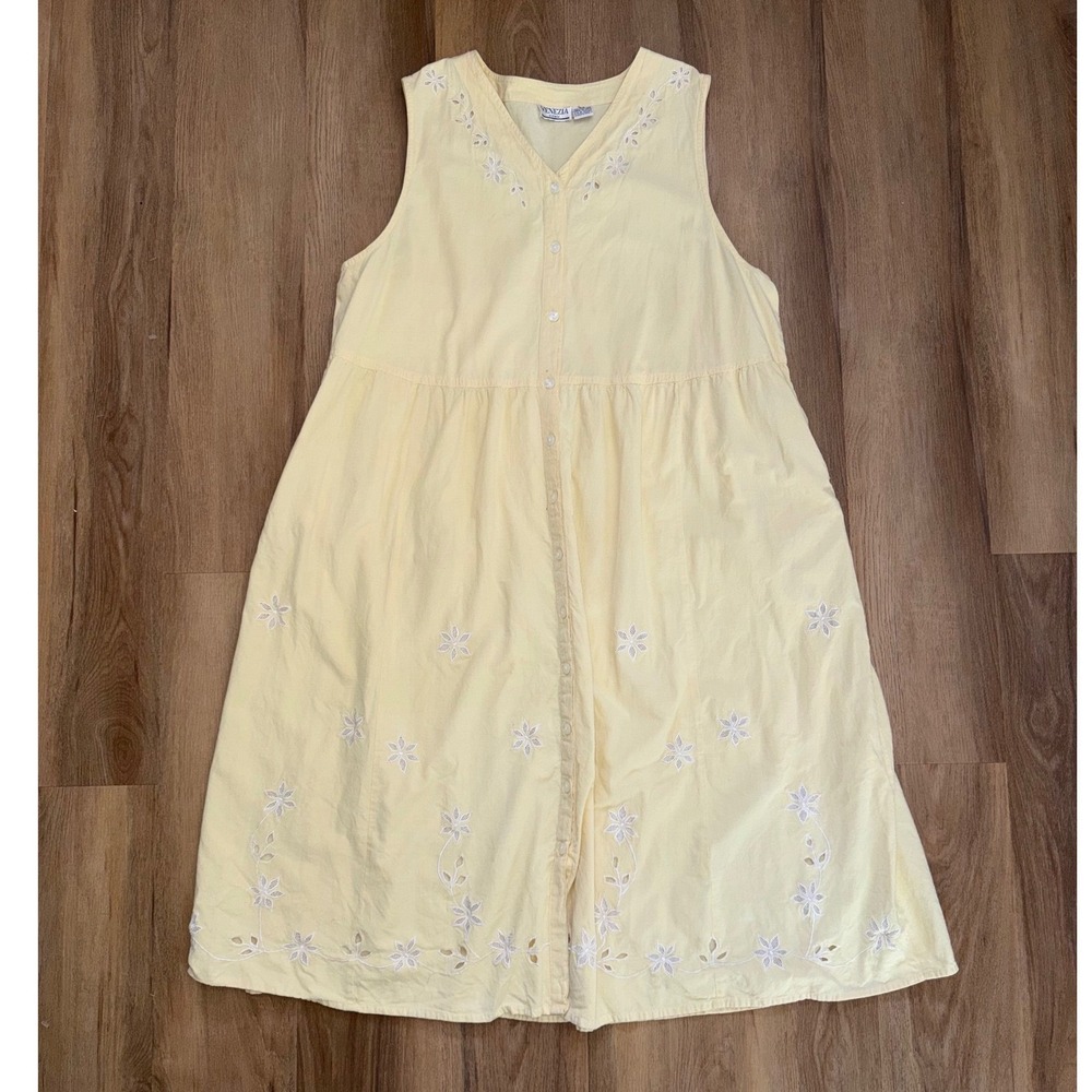 Vintage Butter Yellow Cotton Embroidered Midi Dress plus 18/20 cottage preppy - Picture 2 of 7